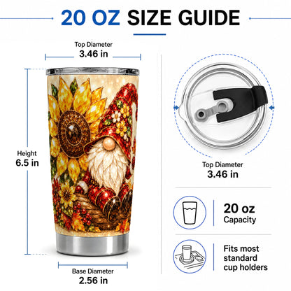 #pl[20oz|Steel] Autumn Gnome Tumbler 20oz, Sunflower Maple Leaf Fall Garden Artwork