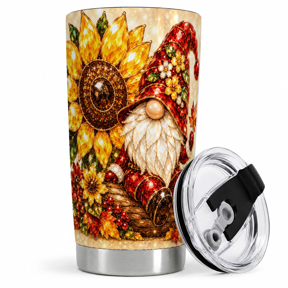 #pl[20oz|Steel] Autumn Gnome Tumbler 20oz, Sunflower Maple Leaf Fall Garden Artwork