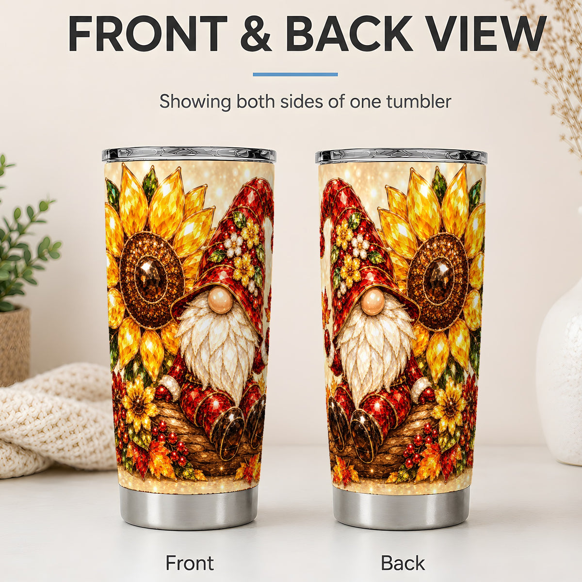 #pl[20oz|Steel] Autumn Gnome Tumbler 20oz, Sunflower Maple Leaf Fall Garden Artwork