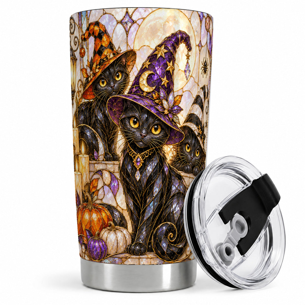 #pl[20oz|Steel] Halloween Black Cat Tumbler 20oz, Witch Hat Pumpkin Moon Fall Artwork