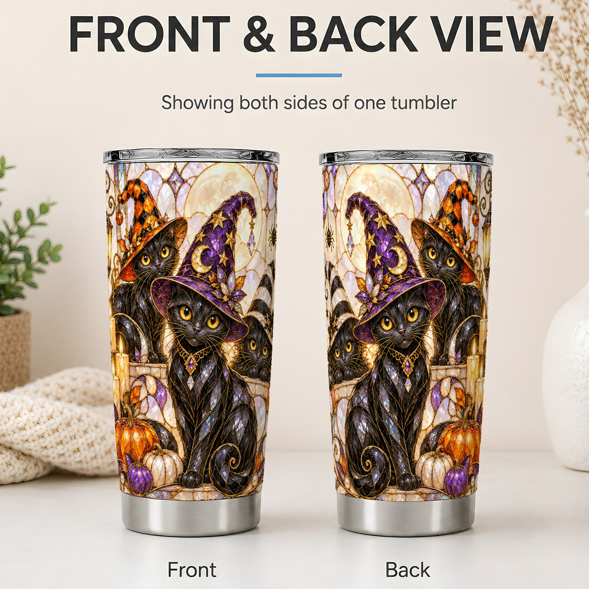 #pl[20oz|Steel] Halloween Black Cat Tumbler 20oz, Witch Hat Pumpkin Moon Fall Artwork