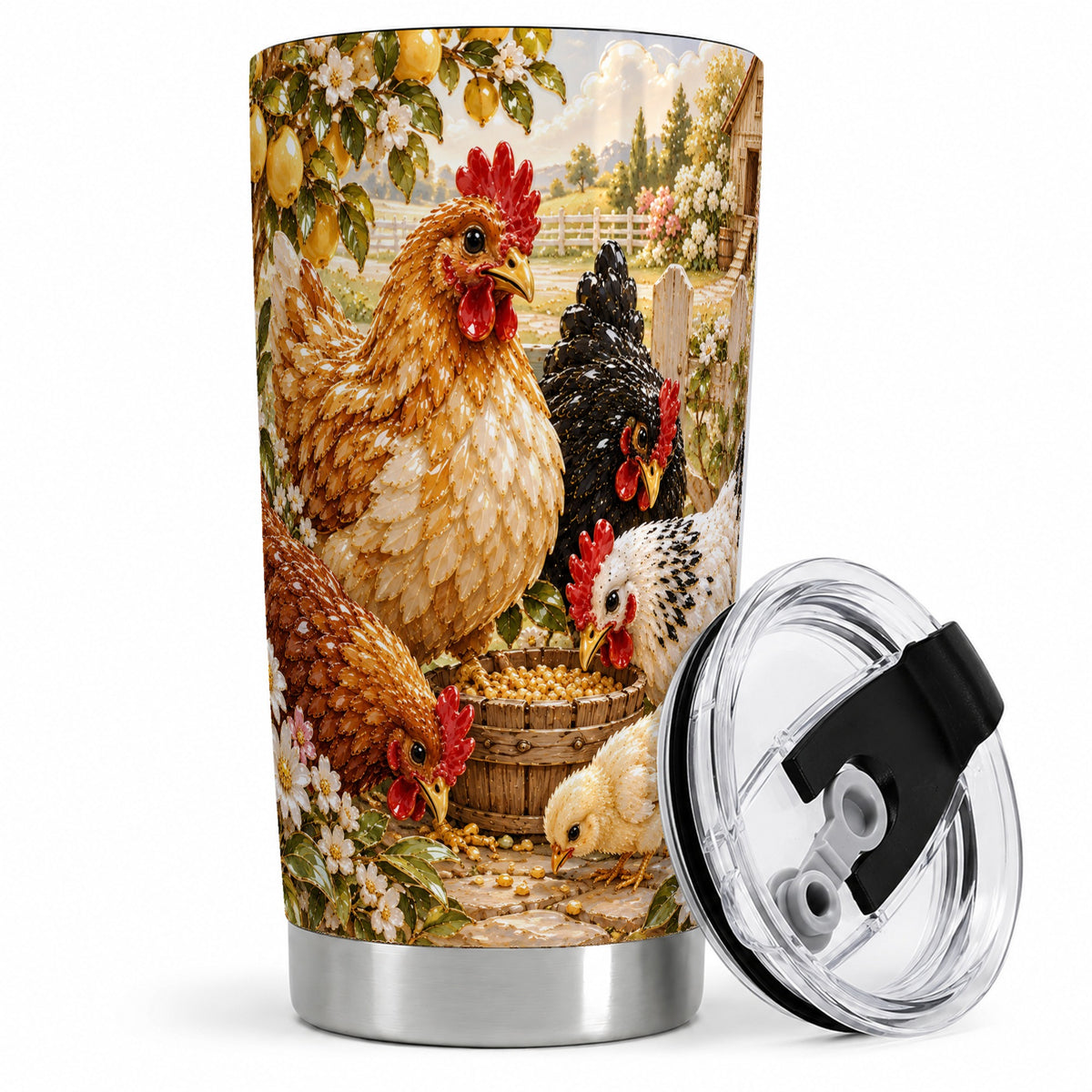 #pl[20oz|Steel] Farm Chicken Tumbler 20oz, Hen Chick Floral Country Farmhouse Artwork