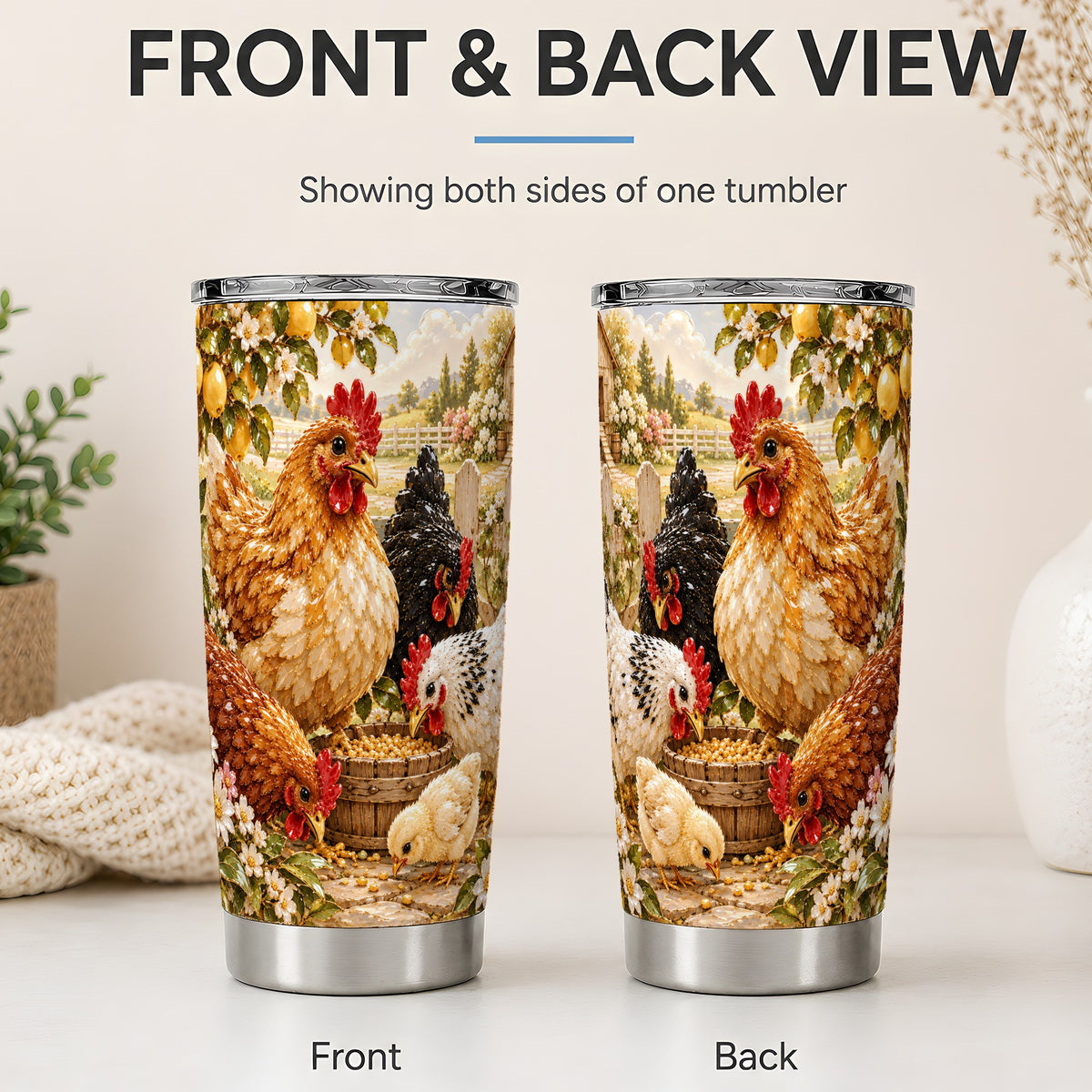 #pl[20oz|Steel] Farm Chicken Tumbler 20oz, Hen Chick Floral Country Farmhouse Artwork