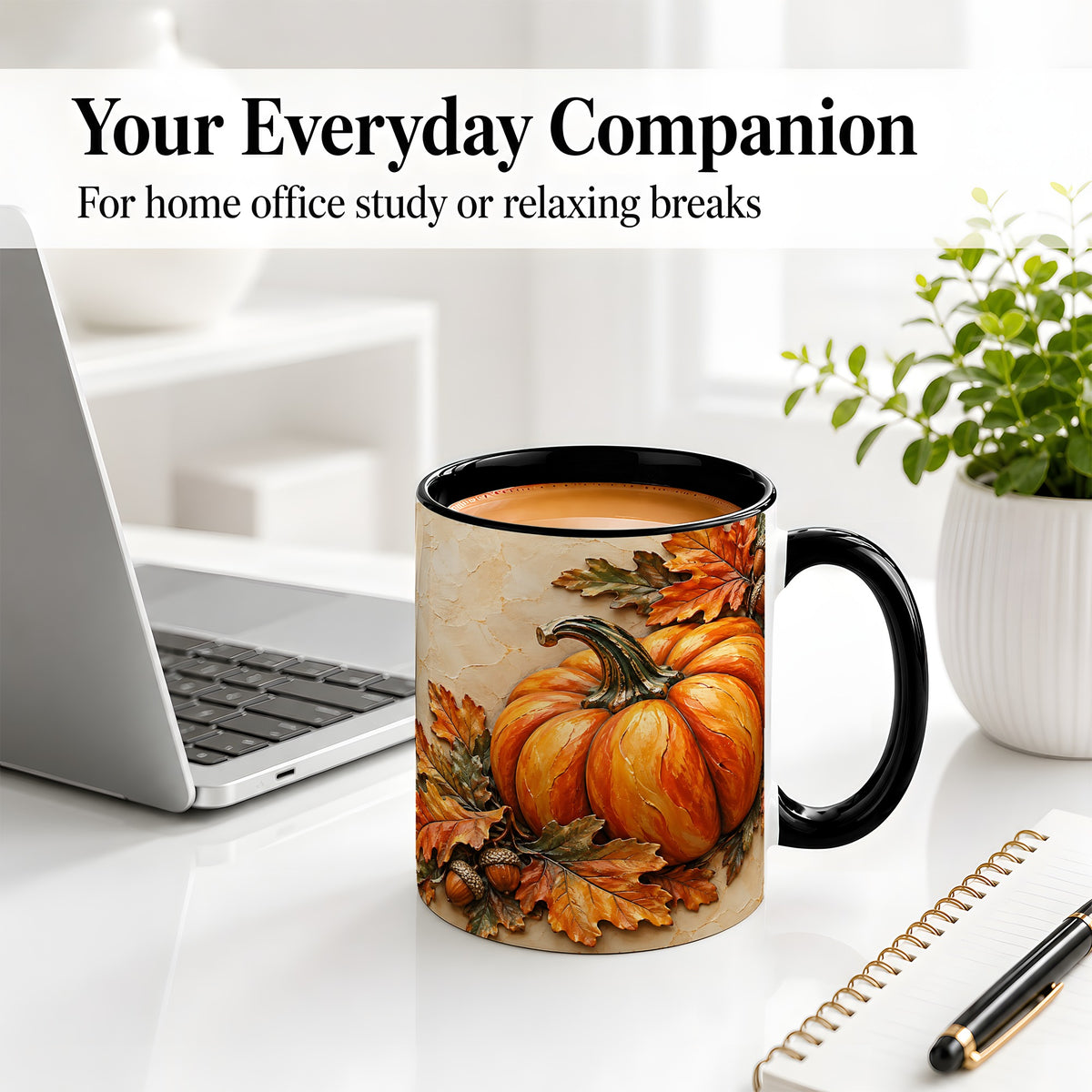 #pl[11oz|Black] Autumn Pumpkin Ceramic Mug with Oak Leaves and Acorn Artwork