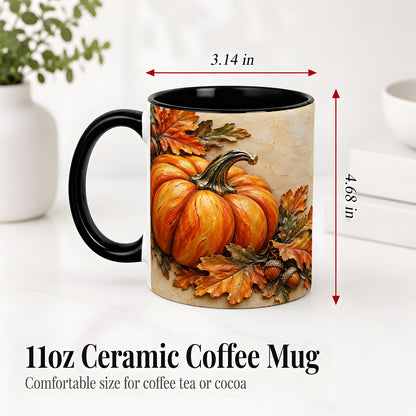#pl[11oz|Black] Autumn Pumpkin Ceramic Mug with Oak Leaves and Acorn Artwork