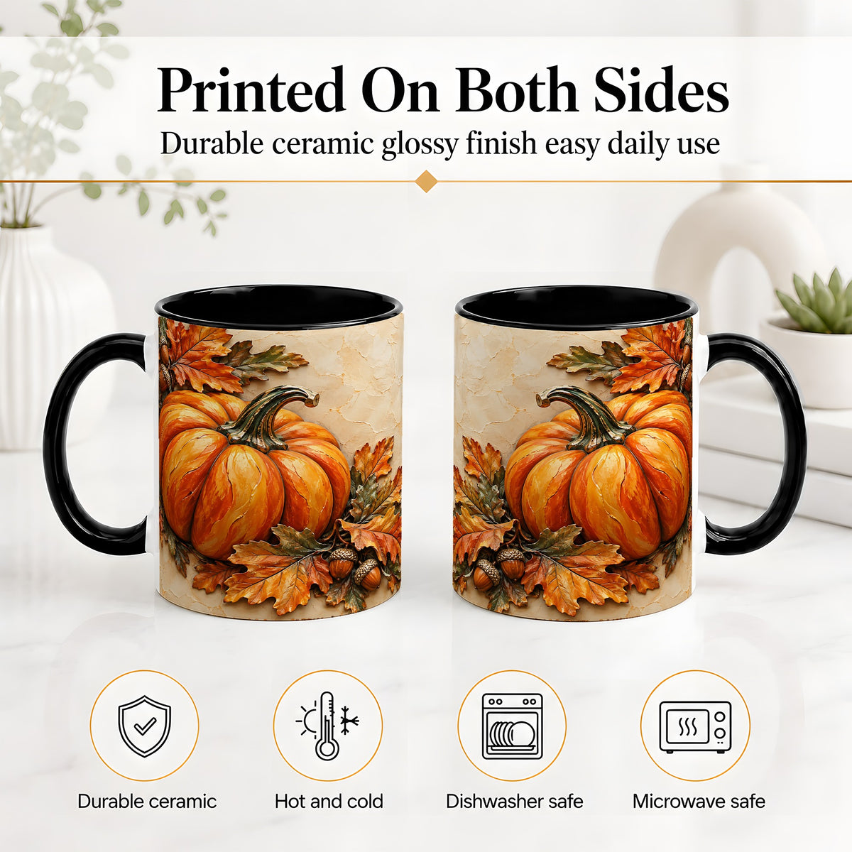 #pl[11oz|Black] Autumn Pumpkin Ceramic Mug with Oak Leaves and Acorn Artwork