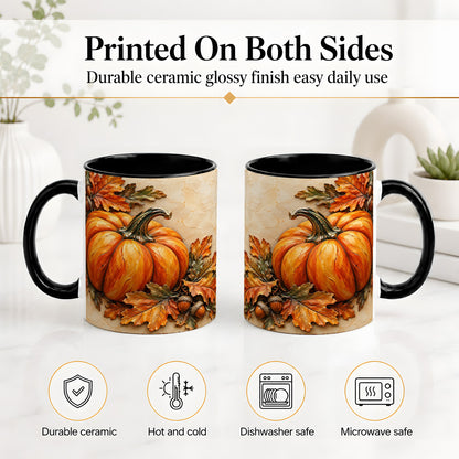 #pl[11oz|Black] Autumn Pumpkin Ceramic Mug with Oak Leaves and Acorn Artwork