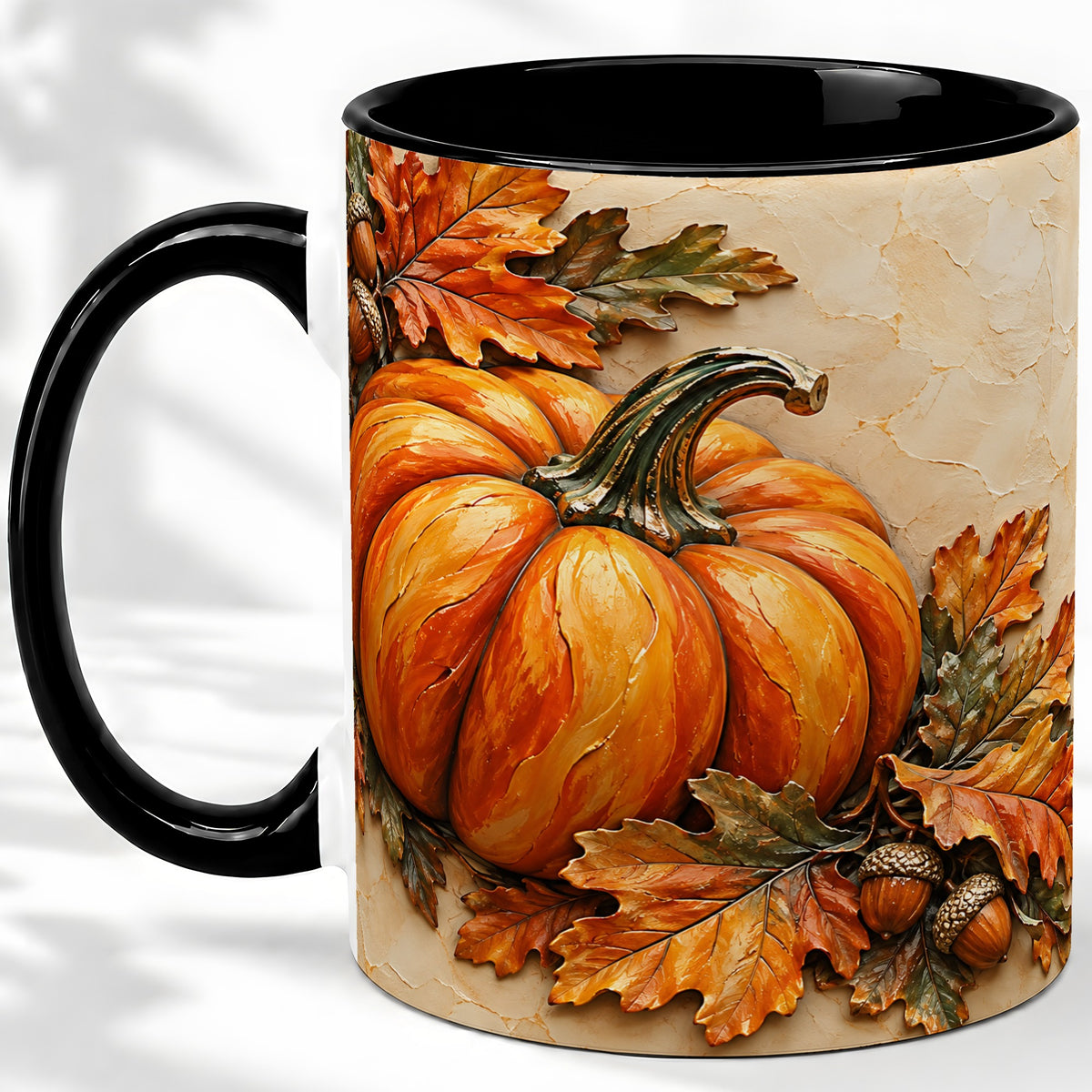 #pl[11oz|Black] Autumn Pumpkin Ceramic Mug with Oak Leaves and Acorn Artwork