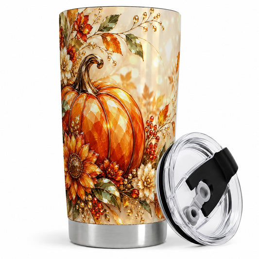 #pl[20oz|Steel] Autumn Pumpkin 20oz Tumbler, Floral Fall Artwork for Autumn Lovers