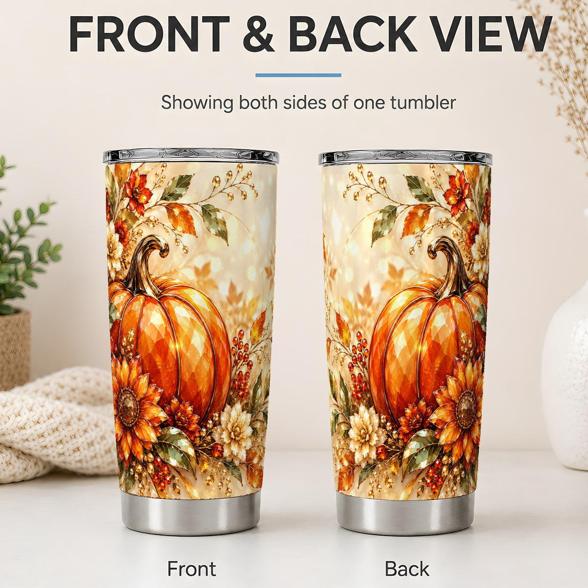 #pl[20oz|Steel] Autumn Pumpkin 20oz Tumbler, Floral Fall Artwork for Autumn Lovers