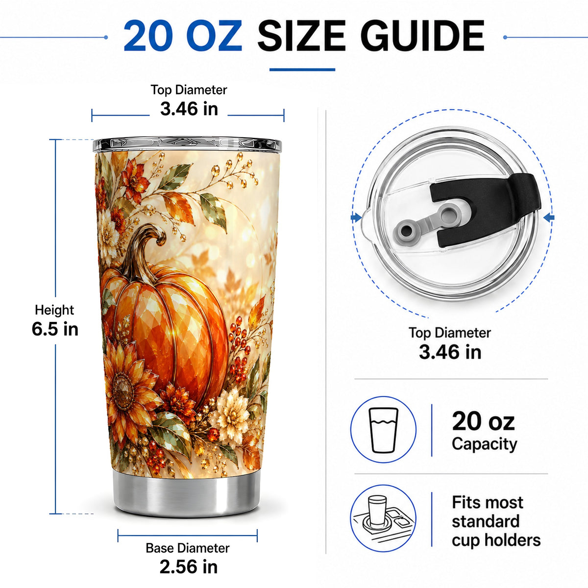 #pl[20oz|Steel] Autumn Pumpkin 20oz Tumbler, Floral Fall Artwork for Autumn Lovers