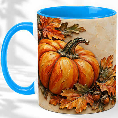 #pl[11oz|Blue] Autumn Pumpkin Ceramic Mug with Oak Leaves and Acorn Artwork