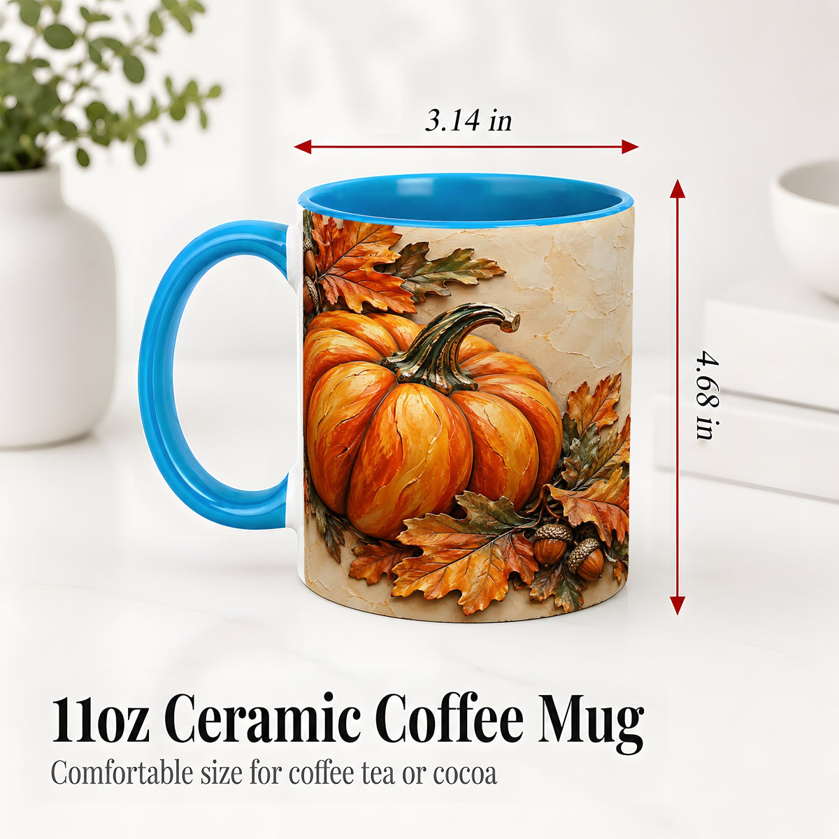 #pl[11oz|Blue] Autumn Pumpkin Ceramic Mug with Oak Leaves and Acorn Artwork