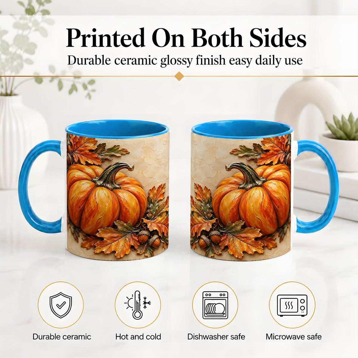 #pl[11oz|Blue] Autumn Pumpkin Ceramic Mug with Oak Leaves and Acorn Artwork