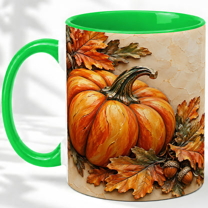 #pl[11oz|Green] Autumn Pumpkin Ceramic Mug with Oak Leaves and Acorn Artwork