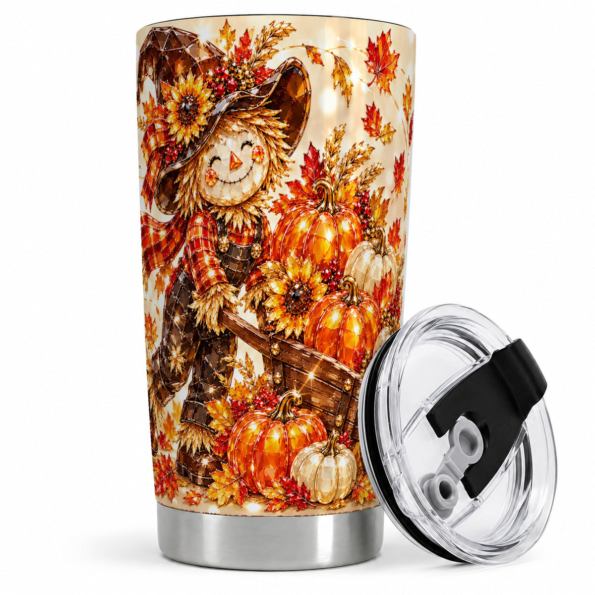 #pl[20oz|Steel] Harvest Scarecrow 20oz Tumbler, Pumpkin Wagon Artwork for Fall Lovers