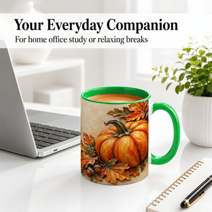 #pl[11oz|Green] Autumn Pumpkin Ceramic Mug with Oak Leaves and Acorn Artwork