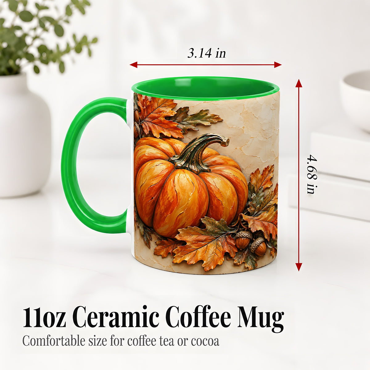 #pl[11oz|Green] Autumn Pumpkin Ceramic Mug with Oak Leaves and Acorn Artwork