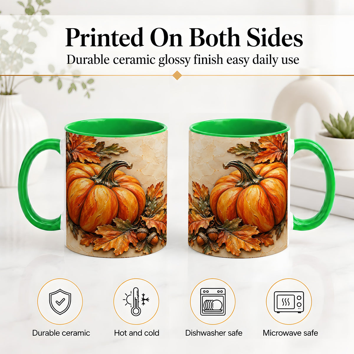 #pl[11oz|Green] Autumn Pumpkin Ceramic Mug with Oak Leaves and Acorn Artwork