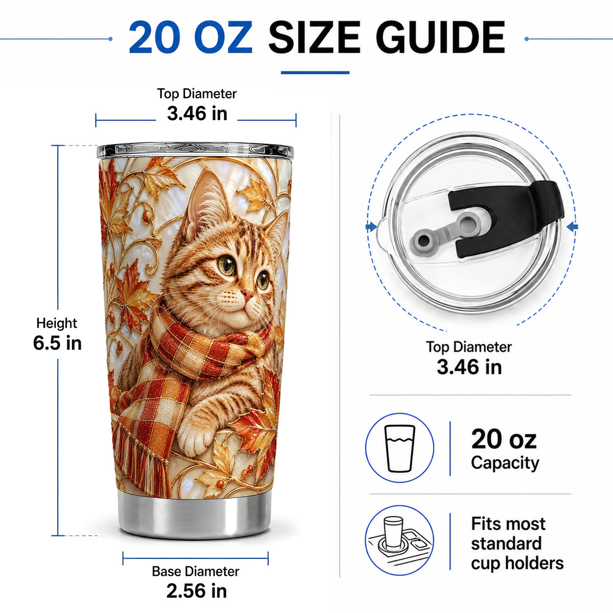 #pl[20oz|Steel] Cozy Autumn Tabby Cat 20oz Tumbler, Fall Scarf Artwork for Cat Lovers