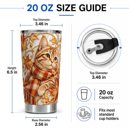#pl[20oz|Steel] Cozy Autumn Tabby Cat 20oz Tumbler, Fall Scarf Artwork for Cat Lovers