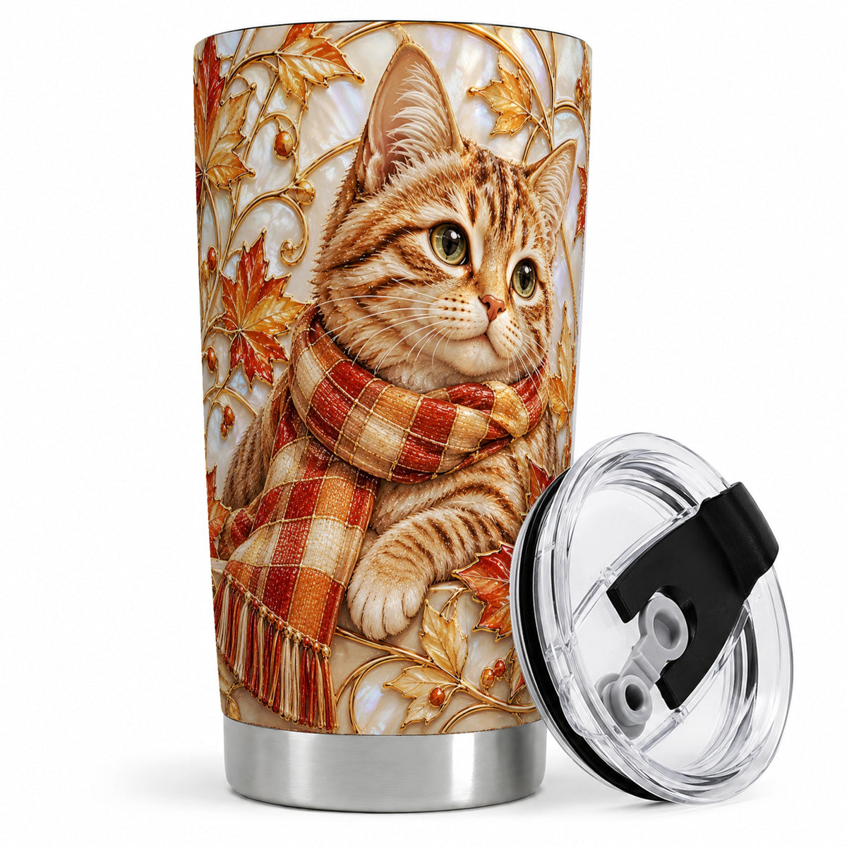 #pl[20oz|Steel] Cozy Autumn Tabby Cat 20oz Tumbler, Fall Scarf Artwork for Cat Lovers