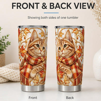 #pl[20oz|Steel] Cozy Autumn Tabby Cat 20oz Tumbler, Fall Scarf Artwork for Cat Lovers