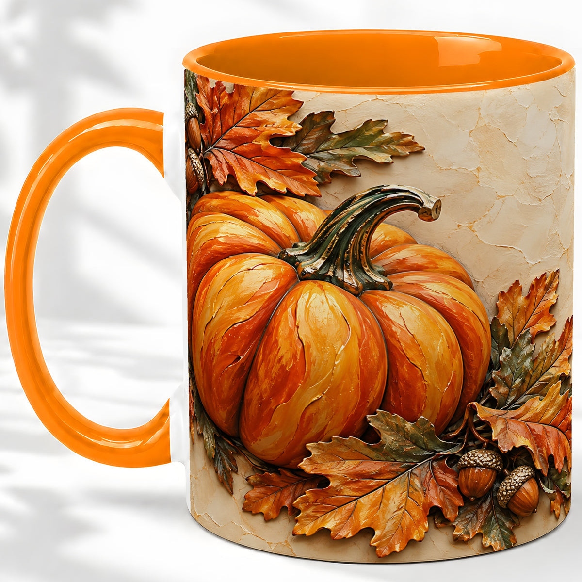 #pl[11oz|Orange] Autumn Pumpkin Ceramic Mug with Oak Leaves and Acorn Artwork