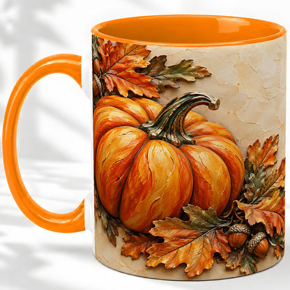 #pl[11oz|Orange] Autumn Pumpkin Ceramic Mug with Oak Leaves and Acorn Artwork