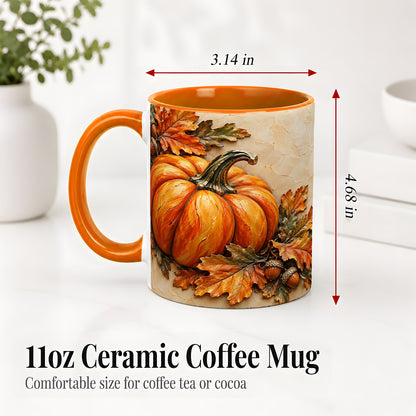 #pl[11oz|Orange] Autumn Pumpkin Ceramic Mug with Oak Leaves and Acorn Artwork