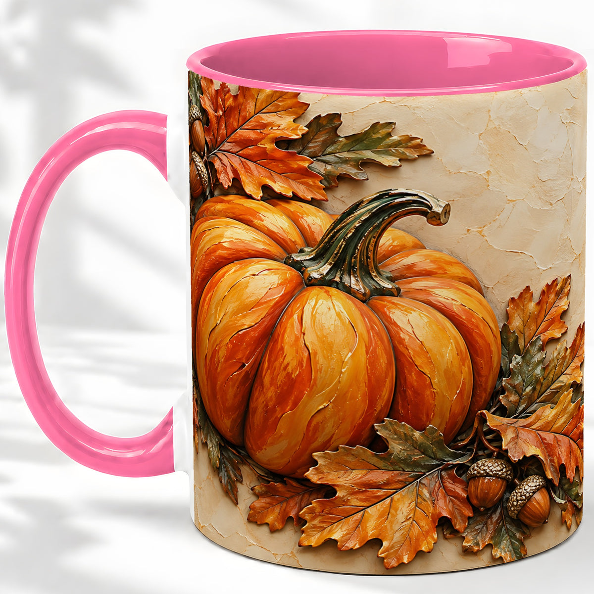 #pl[11oz|Pink] Autumn Pumpkin Ceramic Mug with Oak Leaves and Acorn Artwork
