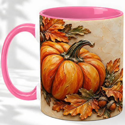 #pl[11oz|Pink] Autumn Pumpkin Ceramic Mug with Oak Leaves and Acorn Artwork