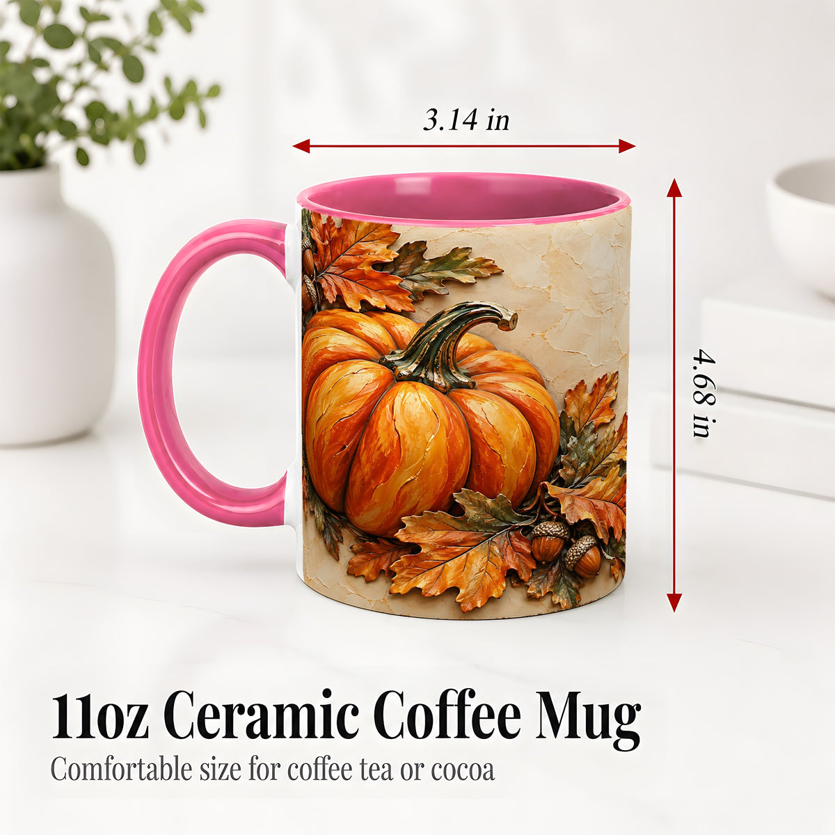 #pl[11oz|Pink] Autumn Pumpkin Ceramic Mug with Oak Leaves and Acorn Artwork