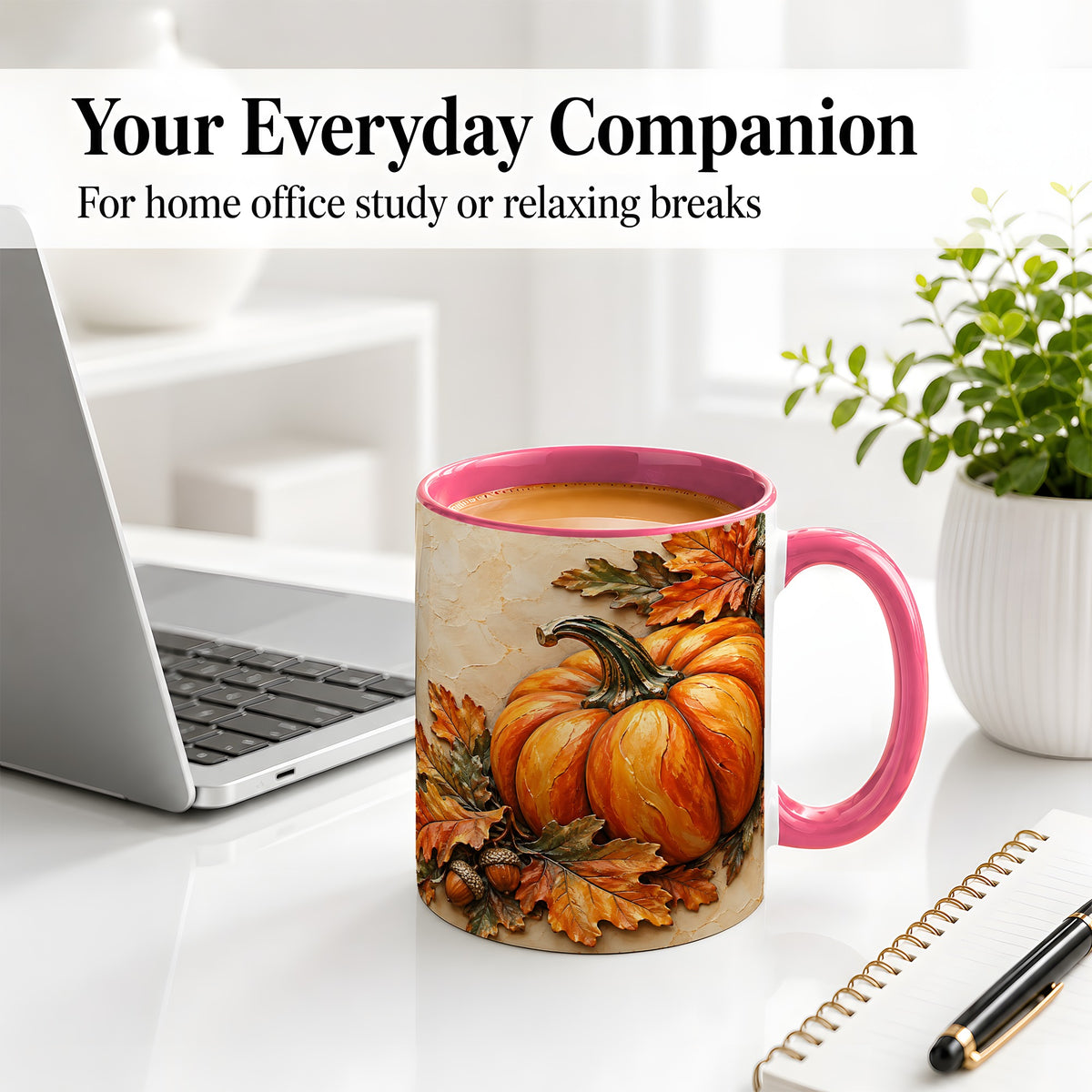 #pl[11oz|Pink] Autumn Pumpkin Ceramic Mug with Oak Leaves and Acorn Artwork