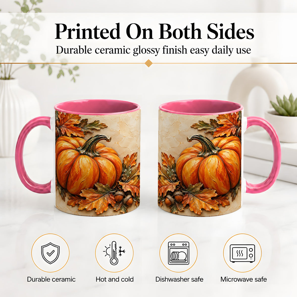 #pl[11oz|Pink] Autumn Pumpkin Ceramic Mug with Oak Leaves and Acorn Artwork