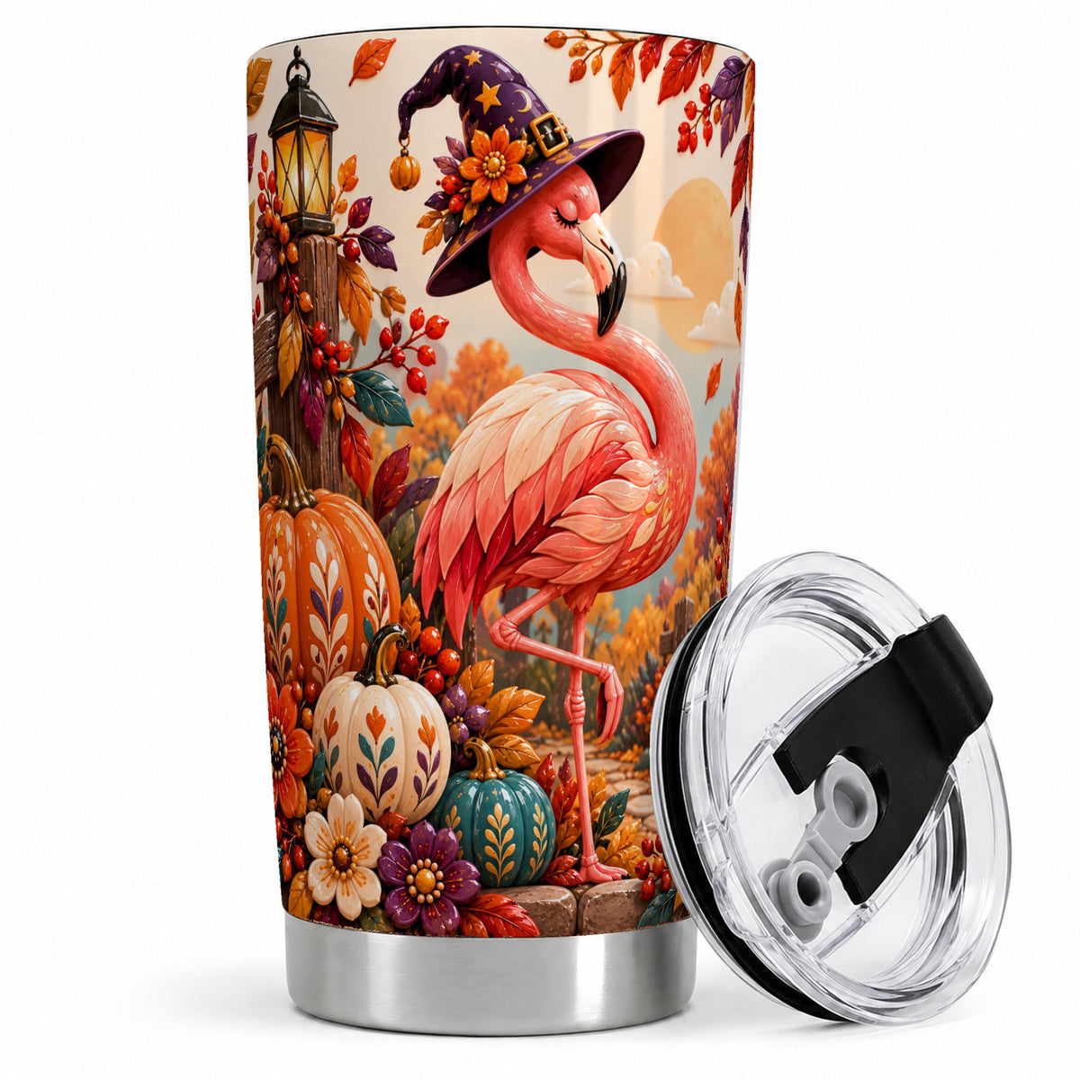 #pl[20oz|Steel] Halloween Flamingo 20oz Tumbler, Witch Hat Pumpkin Art for Fall Fans