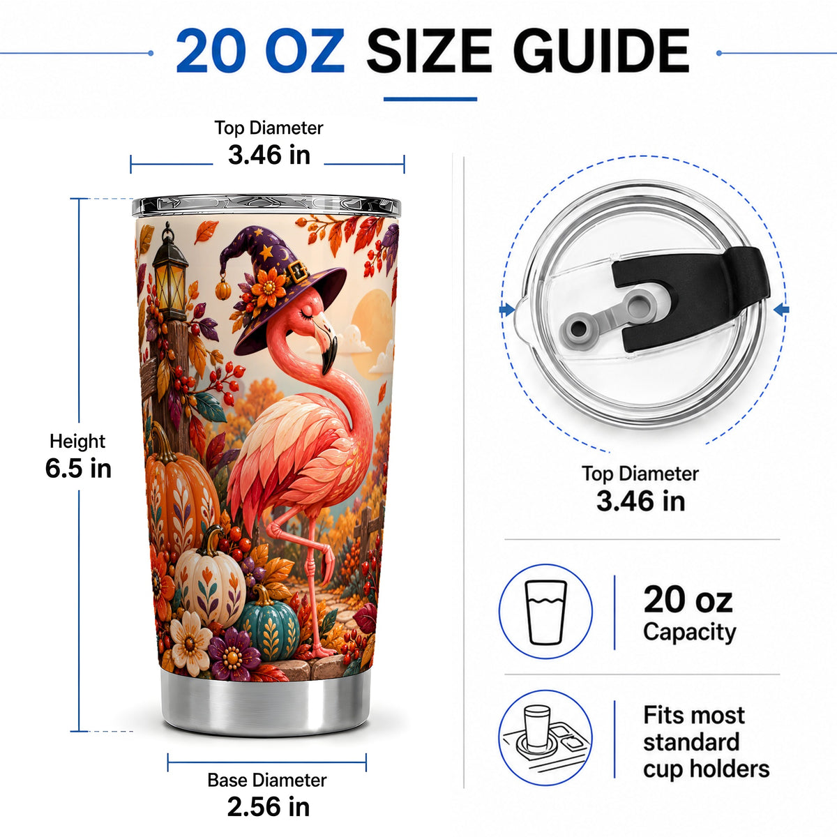 #pl[20oz|Steel] Halloween Flamingo 20oz Tumbler, Witch Hat Pumpkin Art for Fall Fans