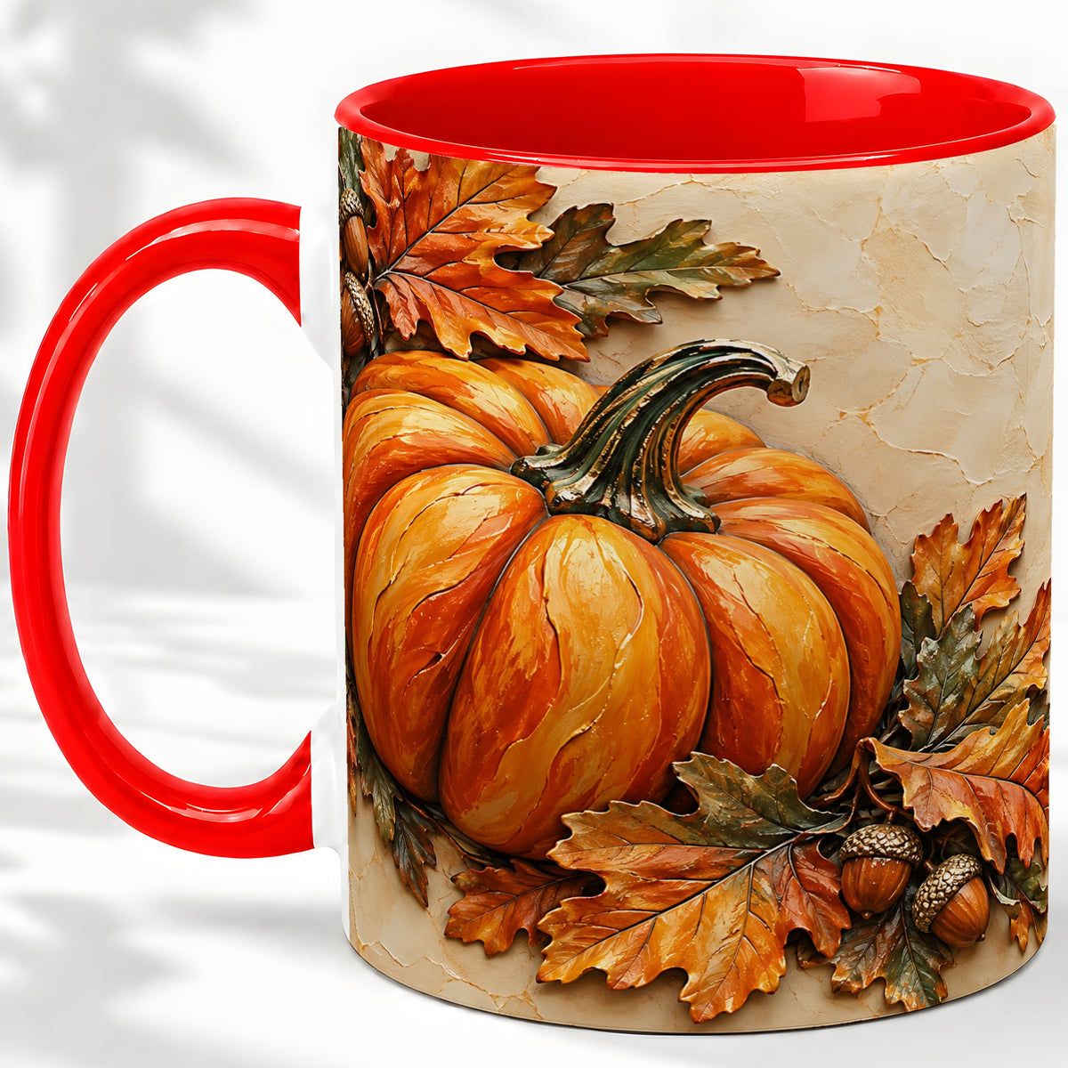 Autumn Pumpkin Ceramic Mug with Oak Leaves and Acorn Artwork