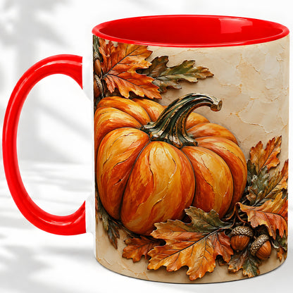 Autumn Pumpkin Ceramic Mug with Oak Leaves and Acorn Artwork