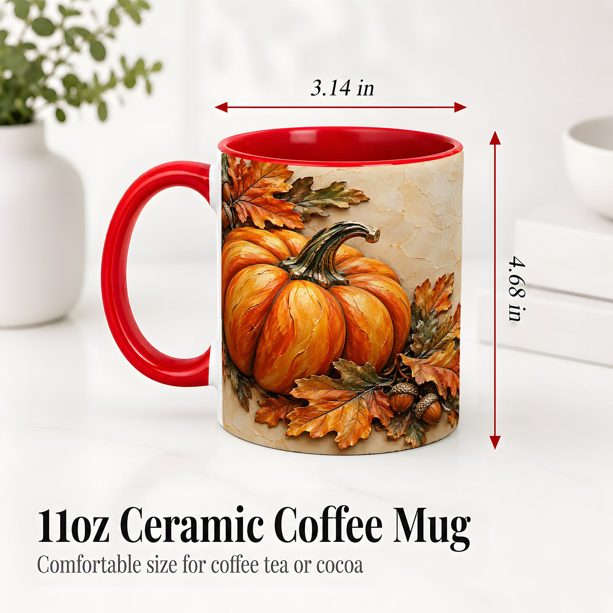 #pl[11oz|Red] Autumn Pumpkin Ceramic Mug with Oak Leaves and Acorn Artwork