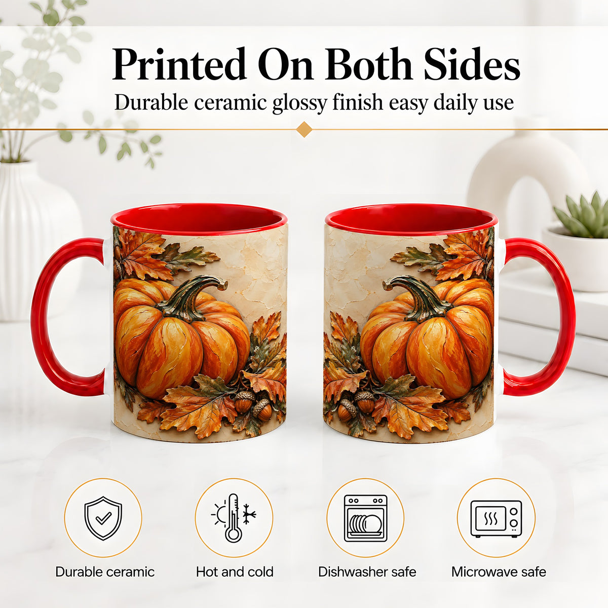 #pl[11oz|Red] Autumn Pumpkin Ceramic Mug with Oak Leaves and Acorn Artwork