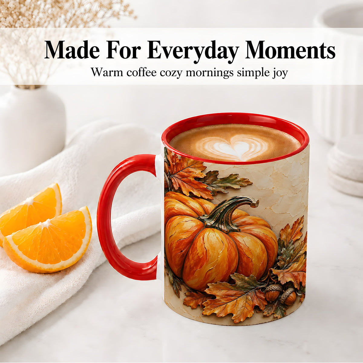 #pl[11oz|Red] Autumn Pumpkin Ceramic Mug with Oak Leaves and Acorn Artwork