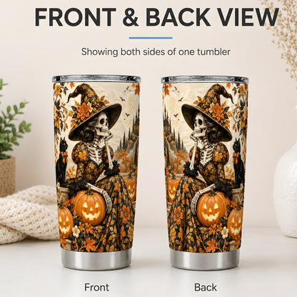 #pl[20oz|Steel] Gothic Halloween 20oz Tumbler, Skeleton Witch and Black Cat Pumpkin Art