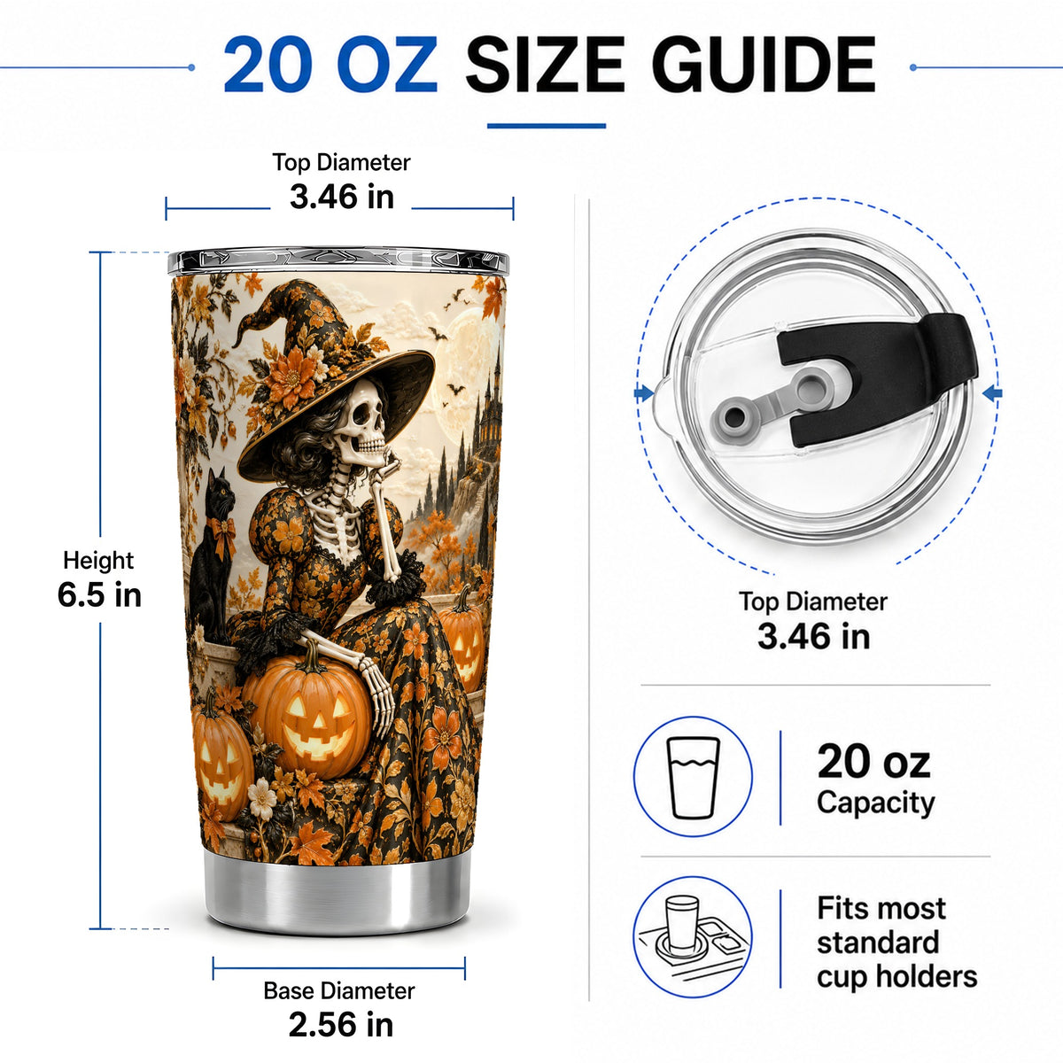 #pl[20oz|Steel] Gothic Halloween 20oz Tumbler, Skeleton Witch and Black Cat Pumpkin Art