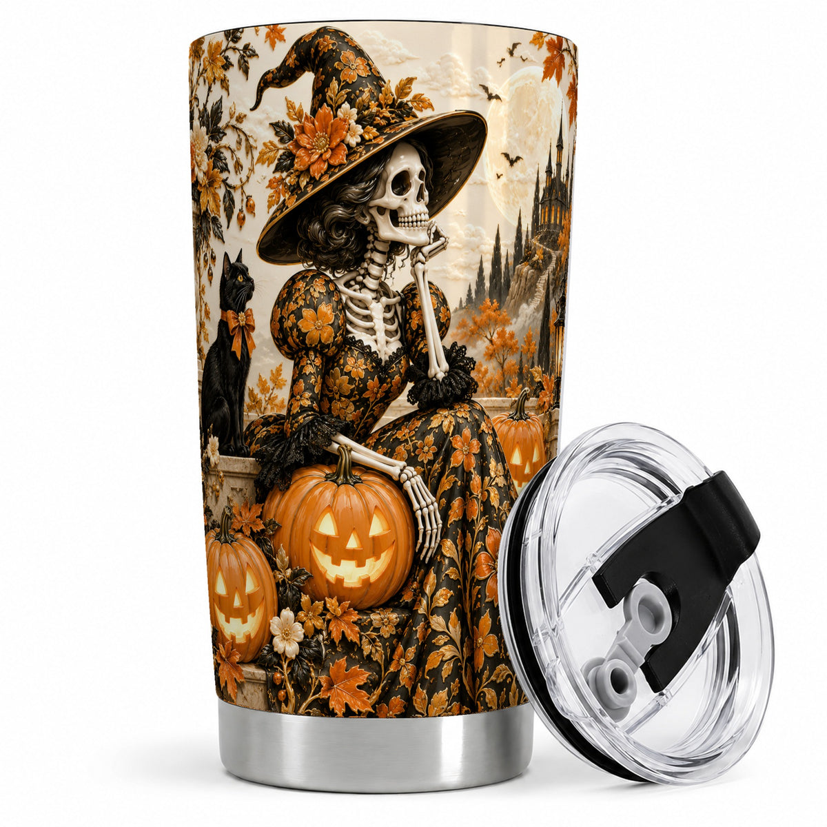 #pl[20oz|Steel] Gothic Halloween 20oz Tumbler, Skeleton Witch and Black Cat Pumpkin Art