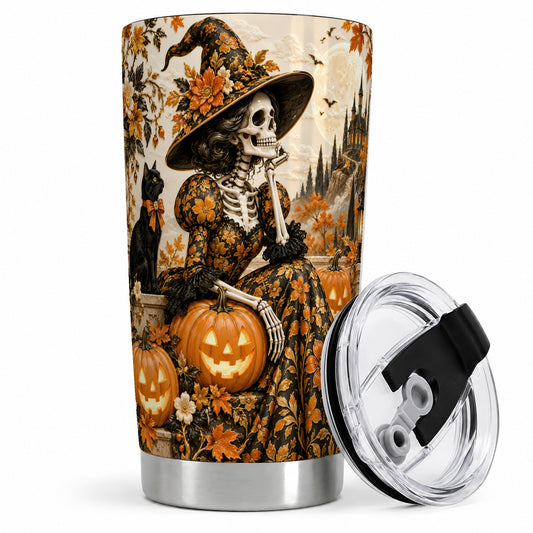 #pl[20oz|Steel] Gothic Halloween 20oz Tumbler, Skeleton Witch and Black Cat Pumpkin Art