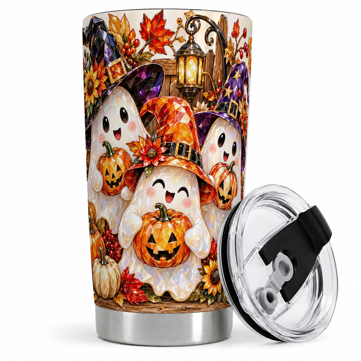 #pl[20oz|Steel] Cute Halloween Ghost 20oz Tumbler, Witch Hat Pumpkin Art for Ghost Fans