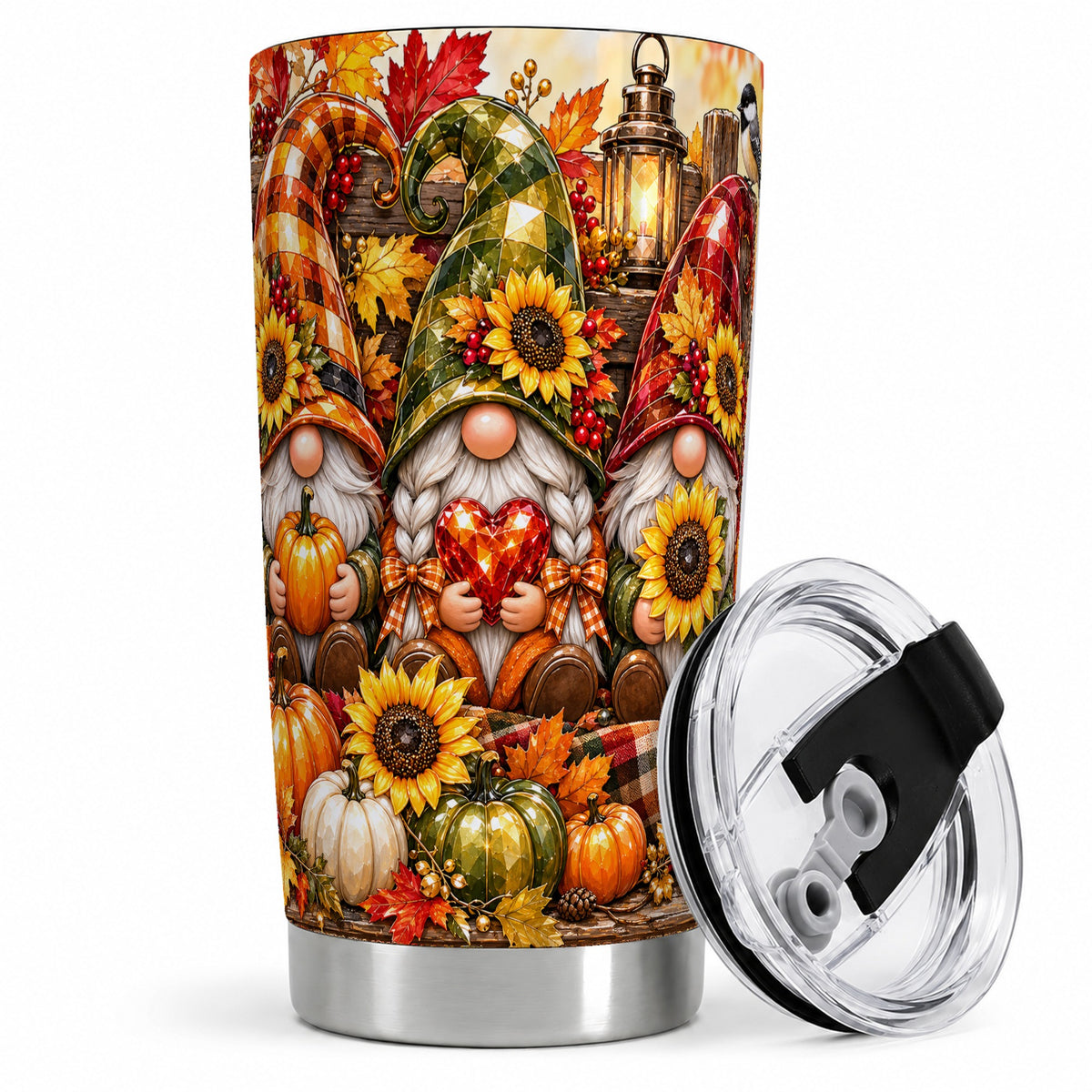 #pl[20oz|Steel] Autumn Gnome 20oz Tumbler, Pumpkin Sunflower Artwork for Gnome Lovers