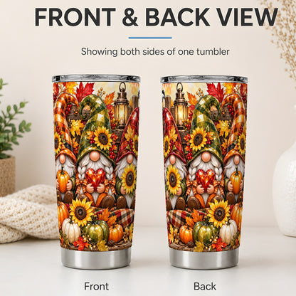 #pl[20oz|Steel] Autumn Gnome 20oz Tumbler, Pumpkin Sunflower Artwork for Gnome Lovers