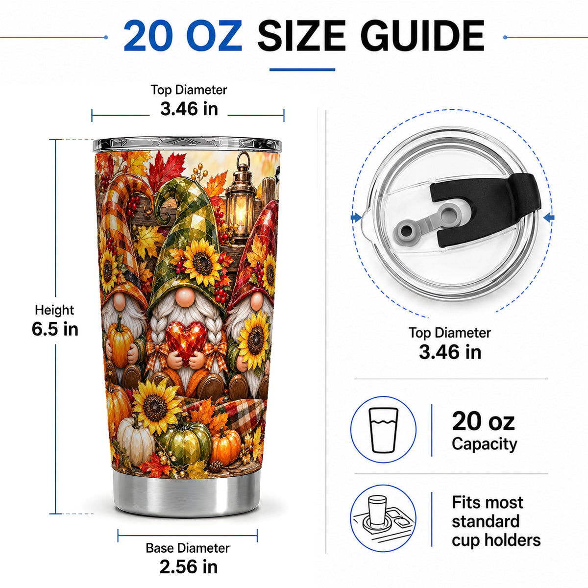 #pl[20oz|Steel] Autumn Gnome 20oz Tumbler, Pumpkin Sunflower Artwork for Gnome Lovers